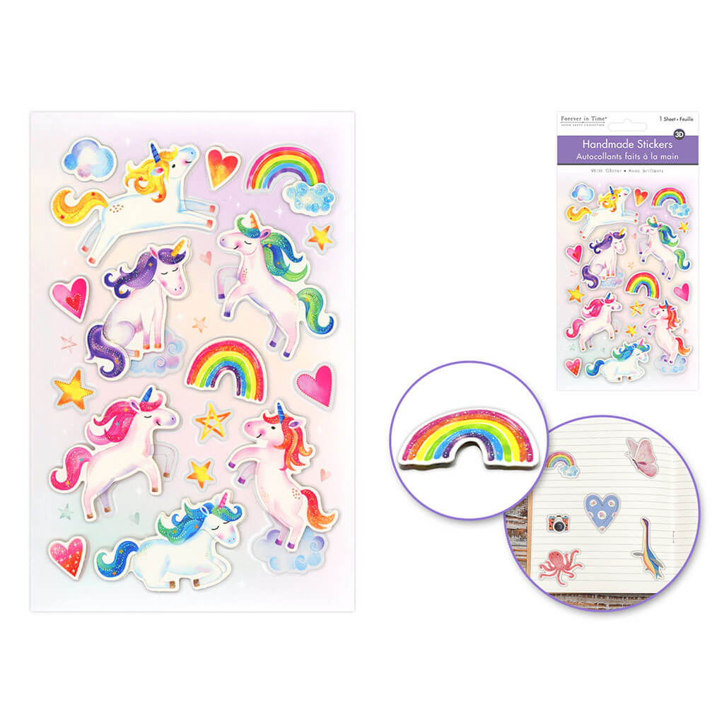 3D Paper with Glitter Sticker 4.3in x 6.7in, Unicorn Dreams