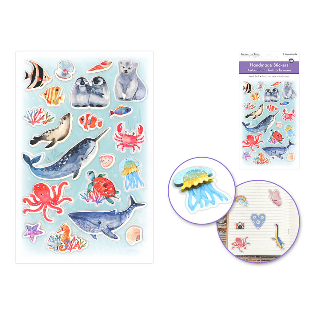 3D Paper with Glitter Sticker 4.3in x 6.7in, Ocean Life