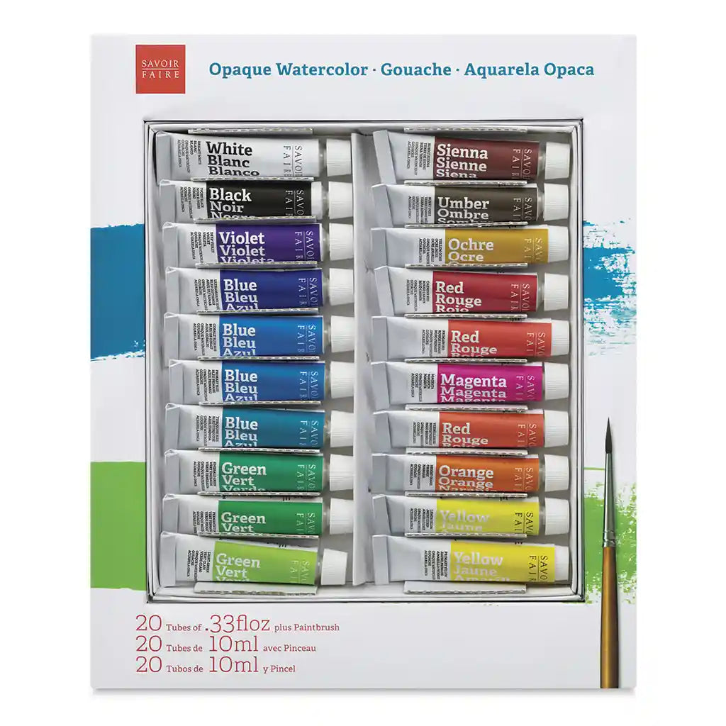 Opaque Watercolor Gouache Set of 20 Colors, 10ml tubes
