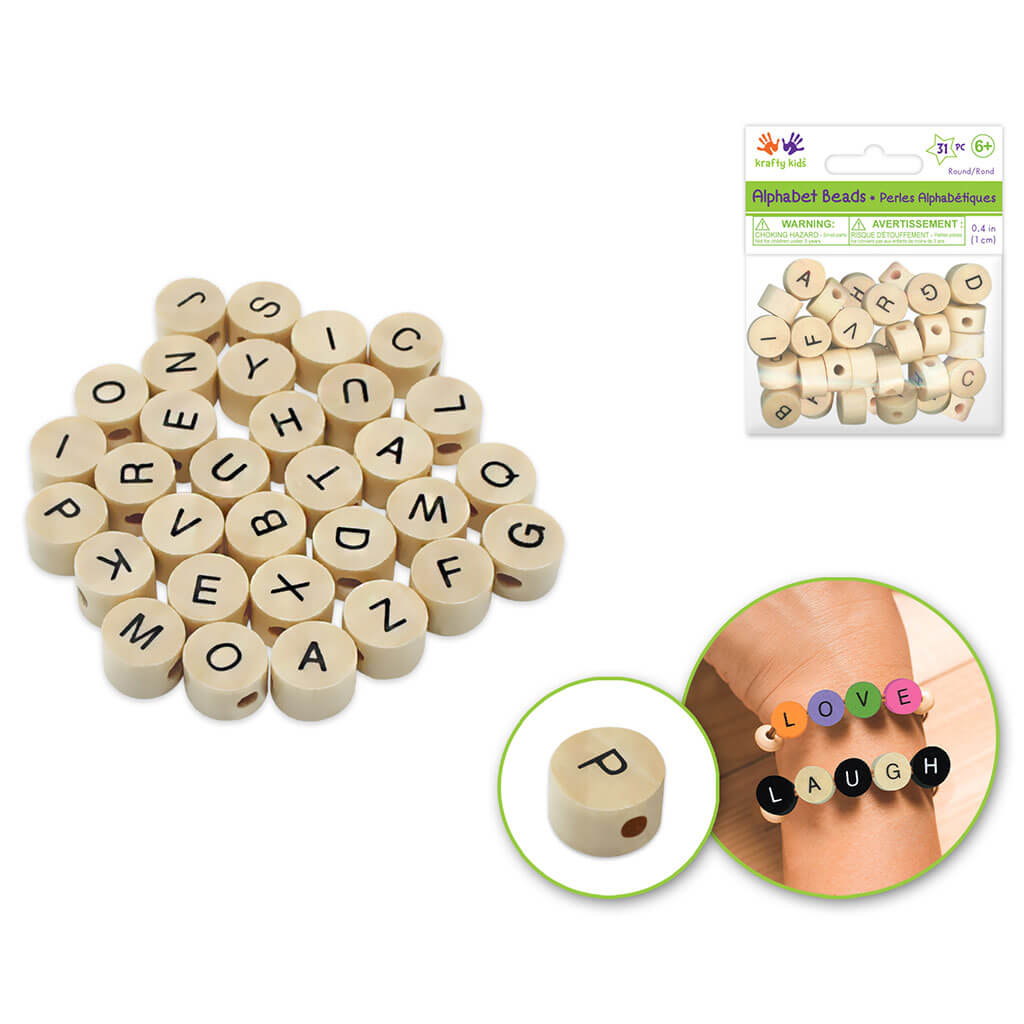 Wood Beads: 1cm x7mm(T) Round Alphabet Beads 31pc Asst,  Natural