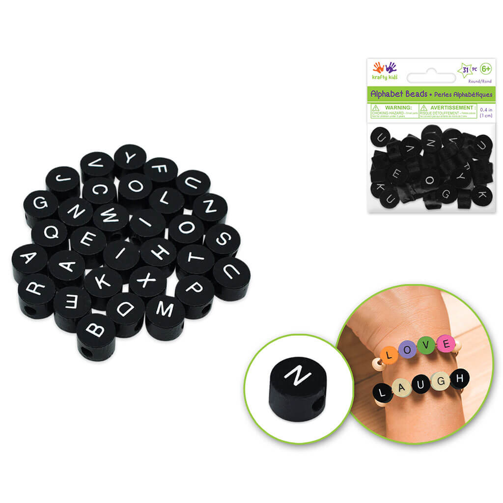 Wood Beads: 1cm x7mm(T) Round Alphabet Beads 31pc Asst,  Black