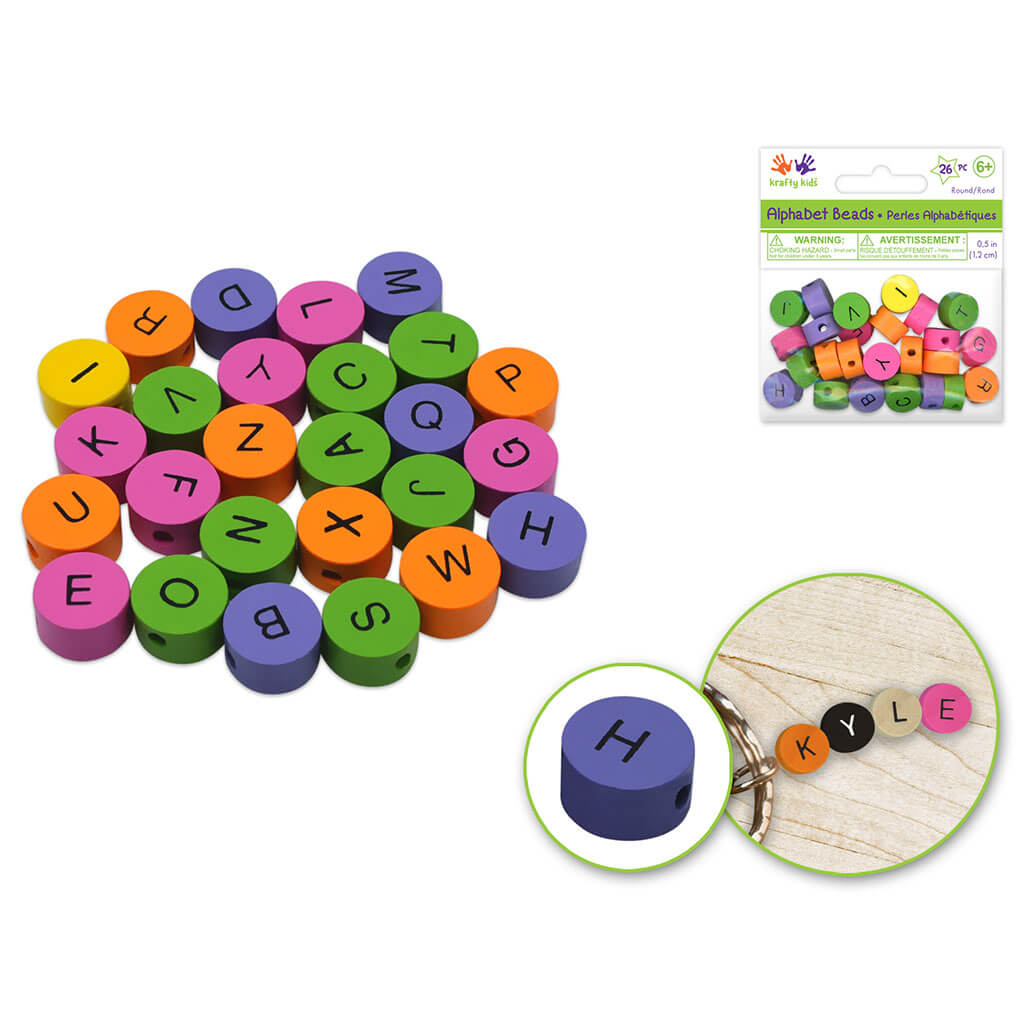 Wood Beads: 1.2cm x 7mm(T) Round Alphabet Beads 26pc Asst, Multi-Mix