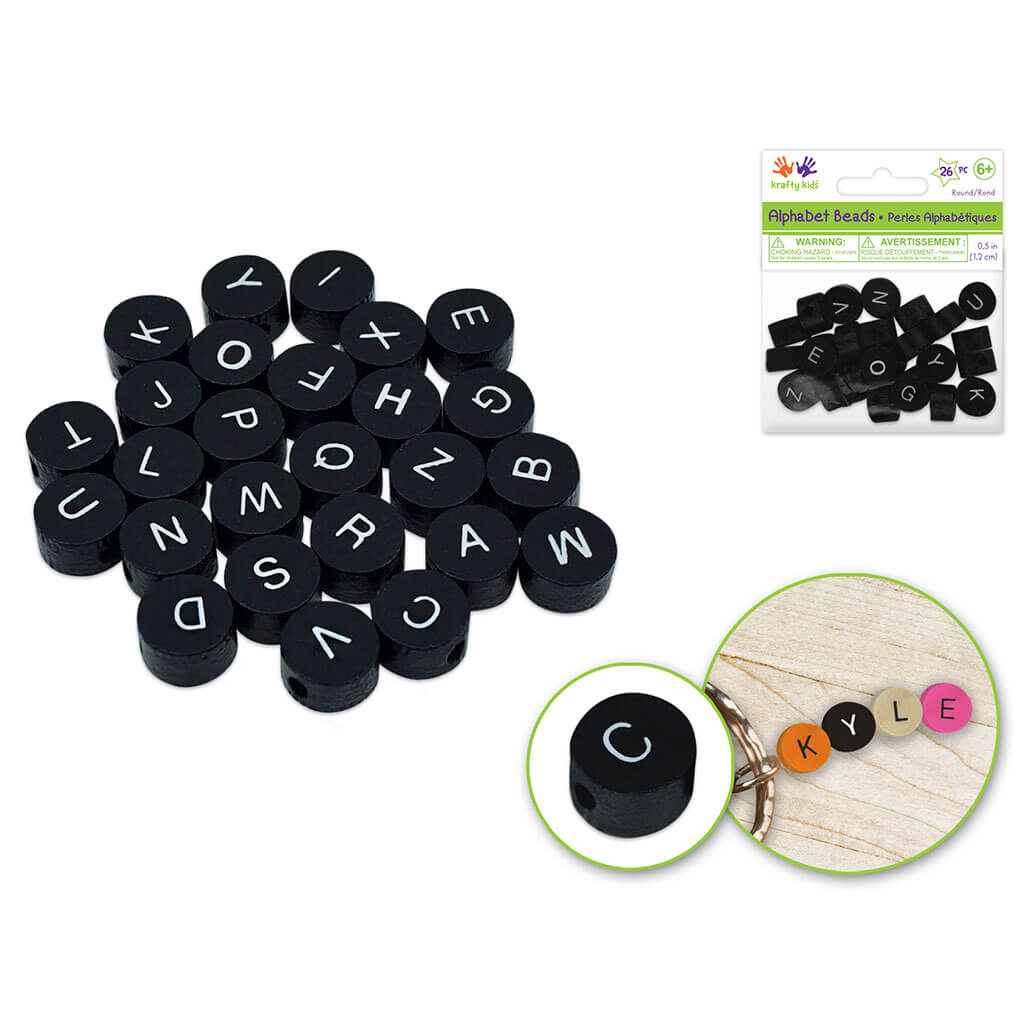 Wood Beads: 1.2cm x 7mm(T) Round Alphabet Beads 26pc Asst, Black