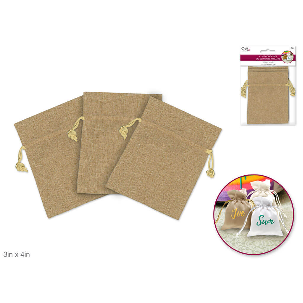 Craft Decor: 3in x 4in Craft Goody Bags x3 Poly-Weave with Rib String, Burlap-Look