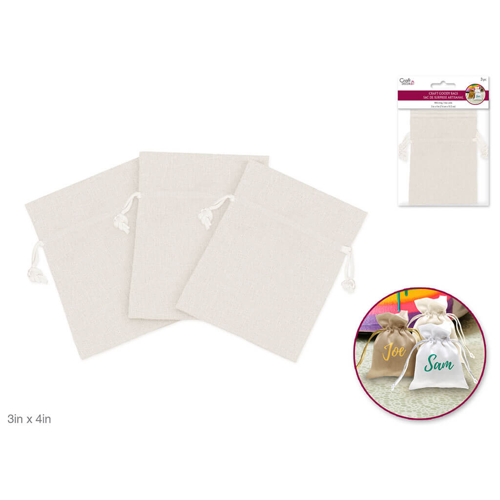 Craft Decor: 3in x 4in Craft Goody Bags x3 Poly-Weave with Rib String, Cream