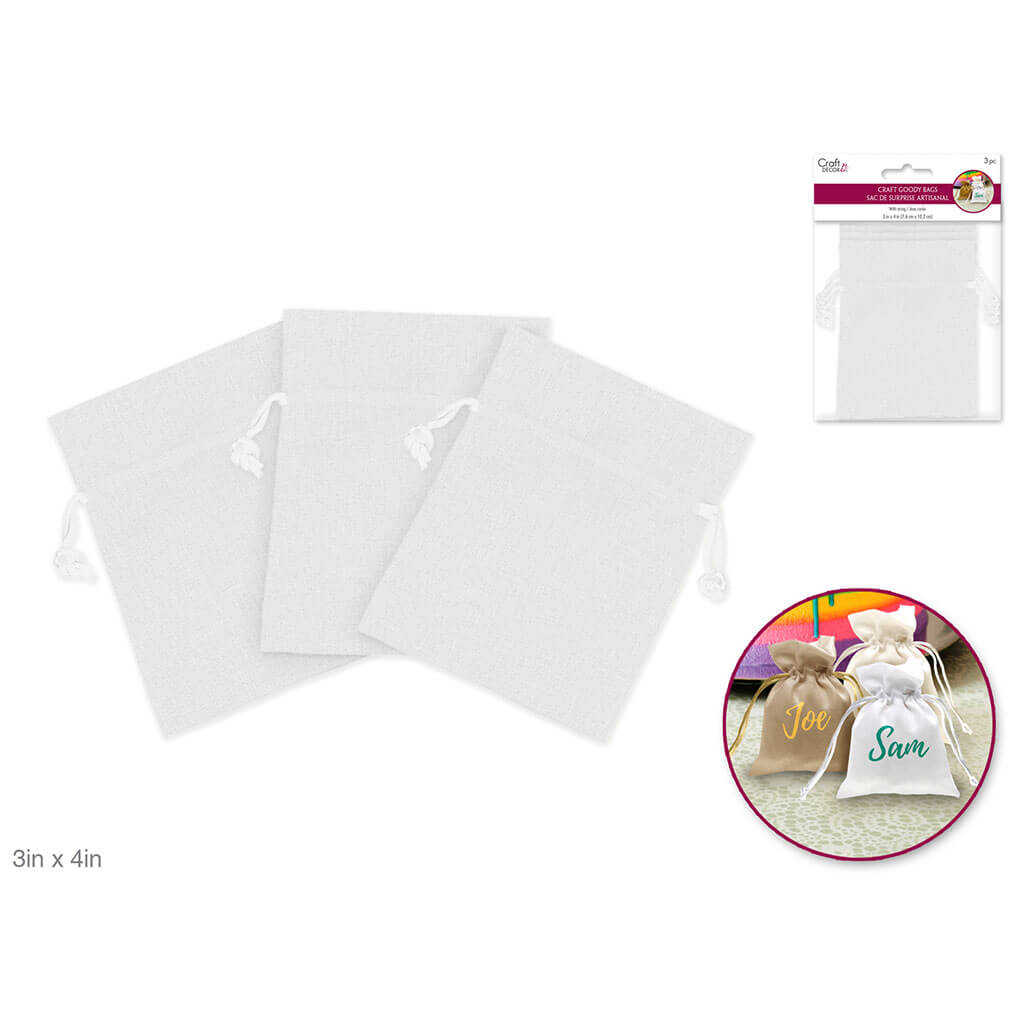 Craft Decor: 3in x 4in Craft Goody Bags x3 Poly-Weave with Rib String, White