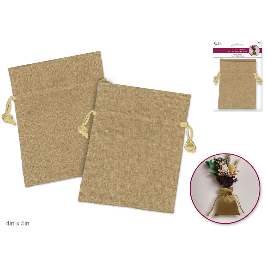 Craft Decor: 3in x 4in Craft Goody Bags x3 Poly-Weave with Rib String, Burlap-Look