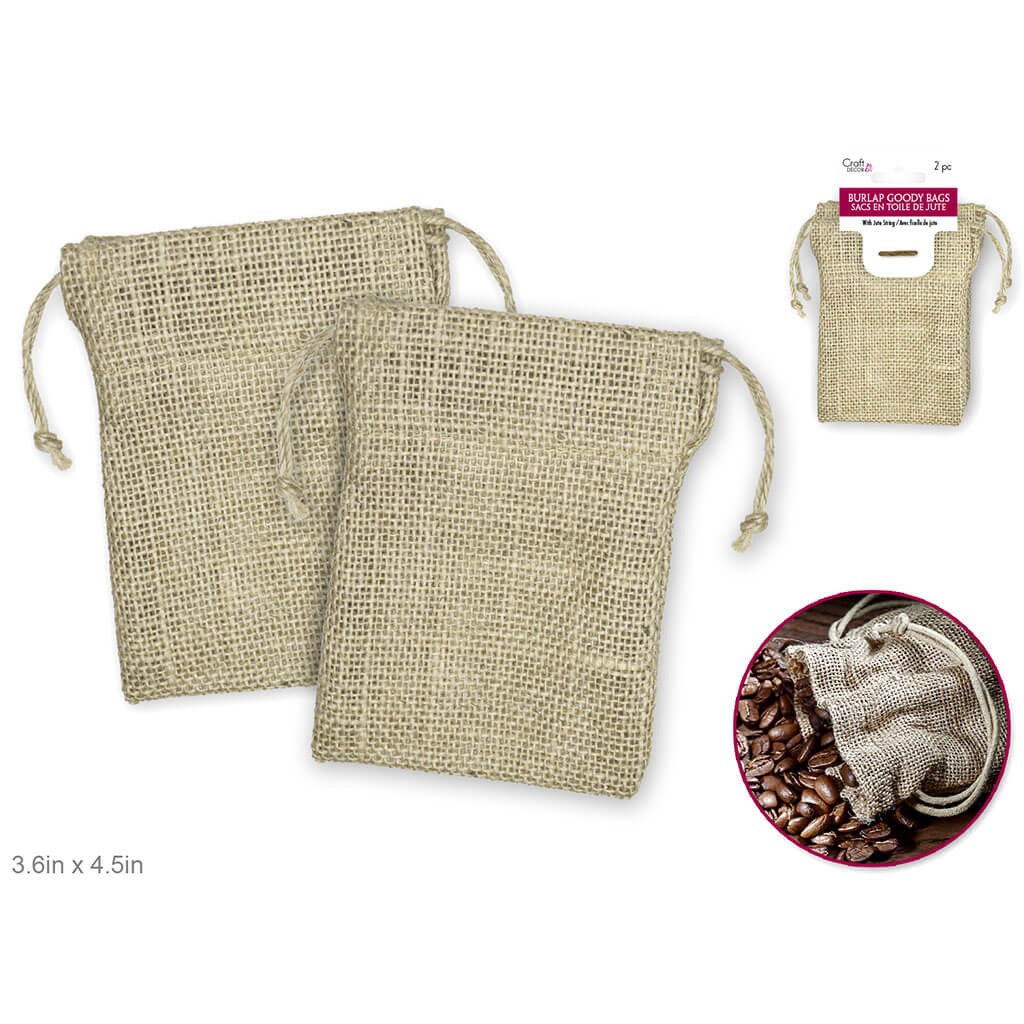 Craft Decor: 3.6in x 4.5in Burlap Goody Bags x2 with Jute String, Cream