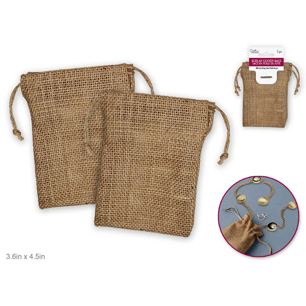 Craft Decor: 3.6in x 4.5in Burlap Goody Bags x2 with Jute String, Natural