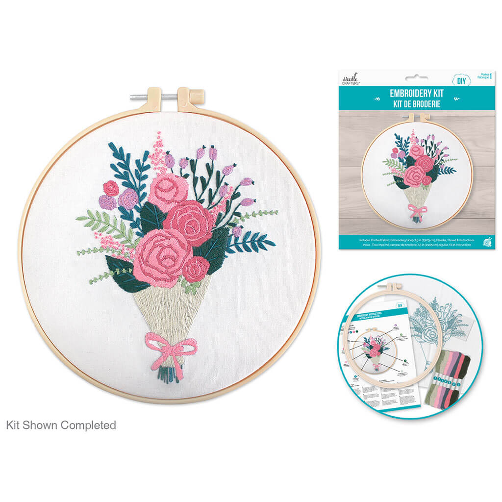 Needlecrafters Kit: DIY Embroidery Cross-Stitch Kit with Needle, Floral Bouquet