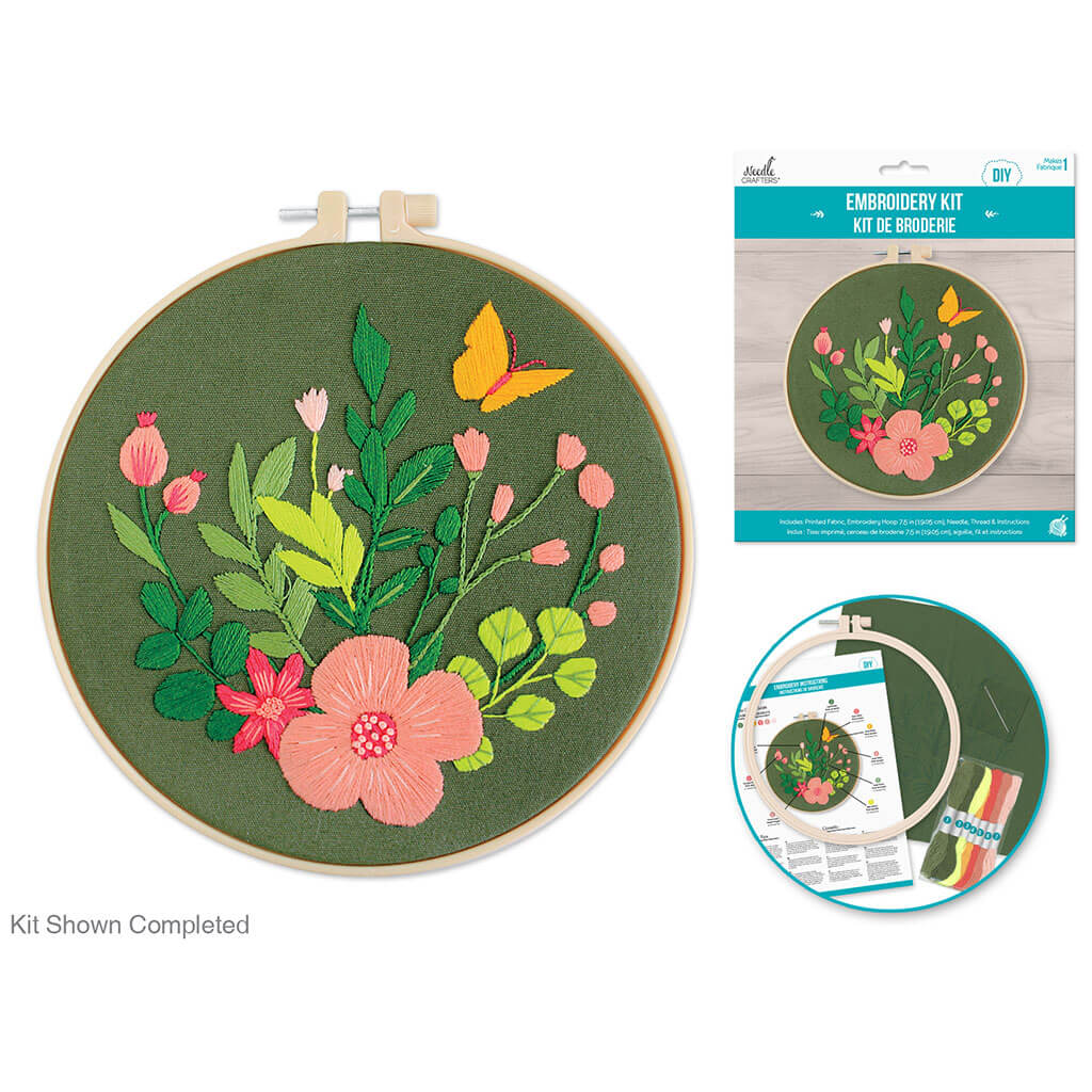 Needlecrafters Kit: DIY Embroidery Cross-Stitch Kit with Needle, Butterfly Garden