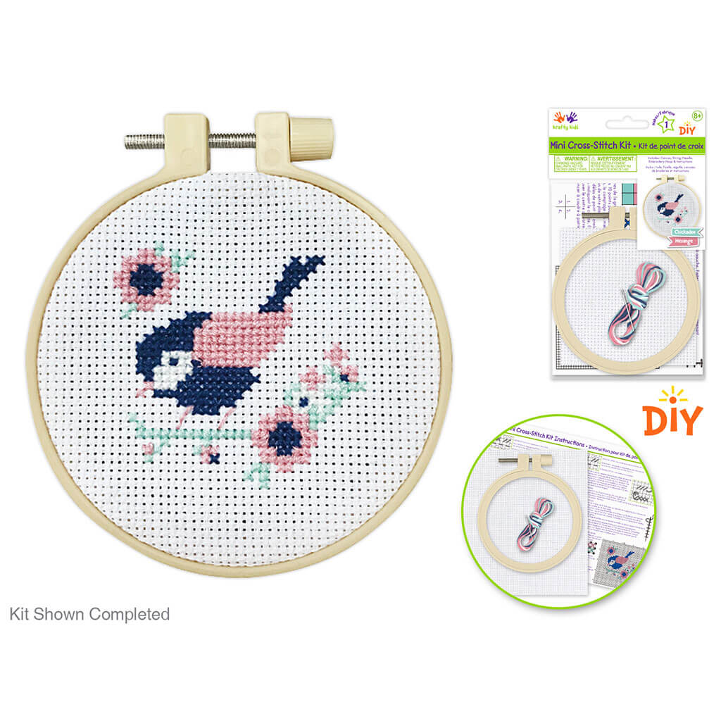 Krafty Kids Kit: DIY Mini Cross-Stitch Kit, Pink Chickadee