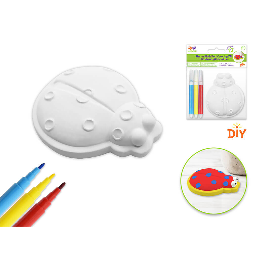 Krafty Kids Kit: 2.75in DIY Plaster Medallion Coloring Kit with 3 Markers, Ladybug