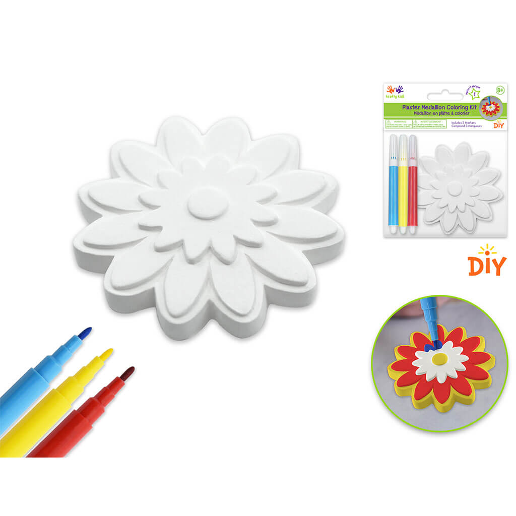 Krafty Kids Kit: 2.75in DIY Plaster Medallion Coloring Kit with 3 Markers, Flower