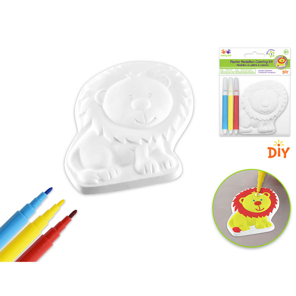 Krafty Kids Kit: 2.75in DIY Plaster Medallion Coloring Kit with 3 Markers, Lion