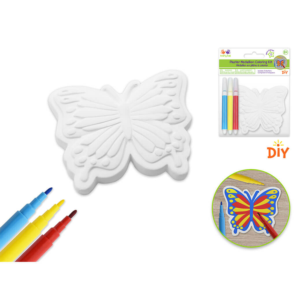 Krafty Kids Kit: 2.75in DIY Plaster Medallion Coloring Kit with 3 Markers, Butterfly