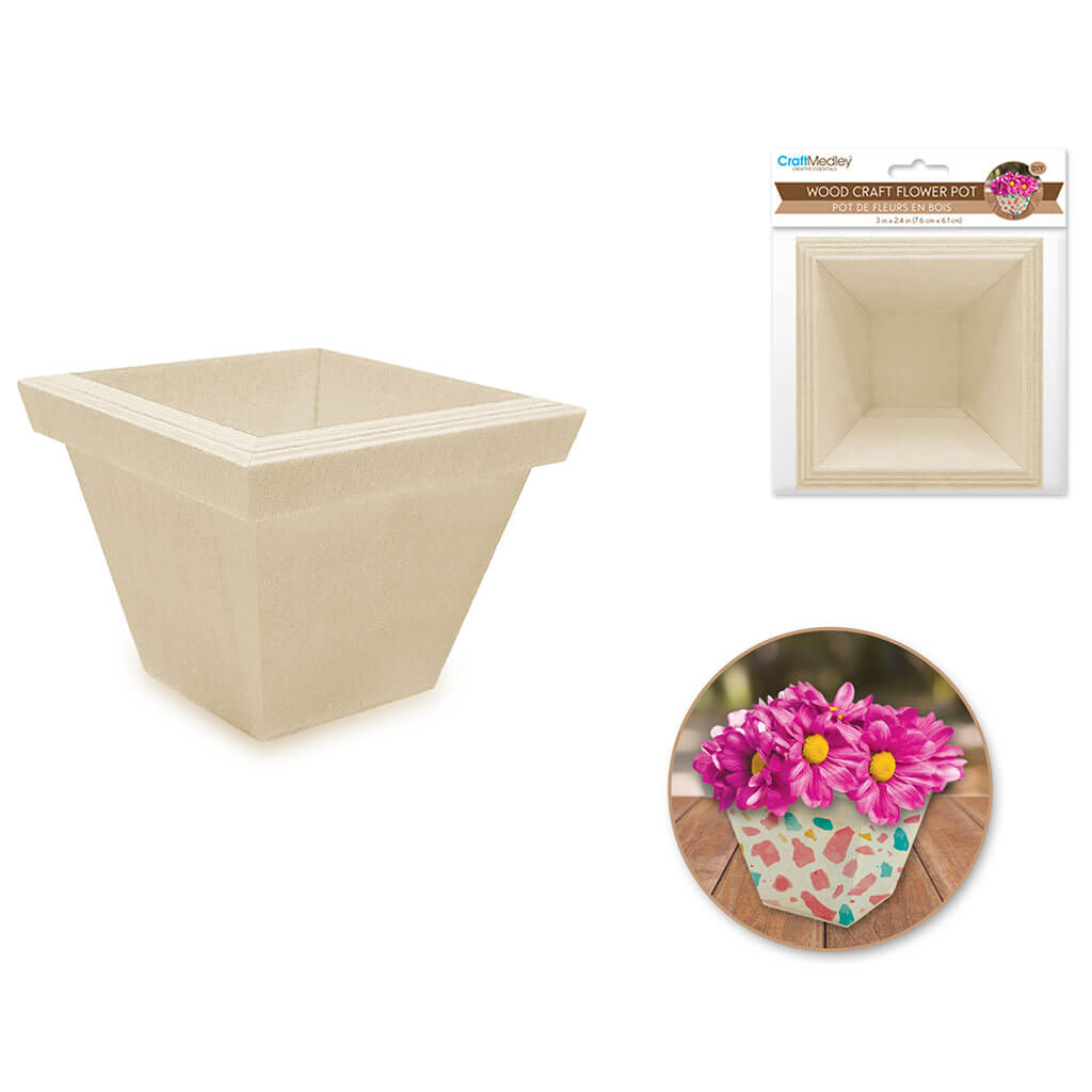 Wood Craft: 3in x 2.4in Mini Square Flower Pot