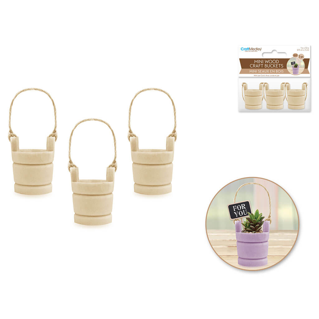 Wood Craft: 1in x 1.2in Mini Well Bucket 3pc Routered with Jute