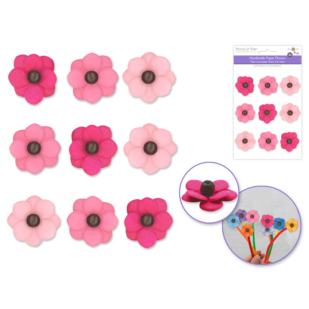 Floral Embellish: 3D Handmade Paper Flowers Self-Stick 9pc with Bead, Pink