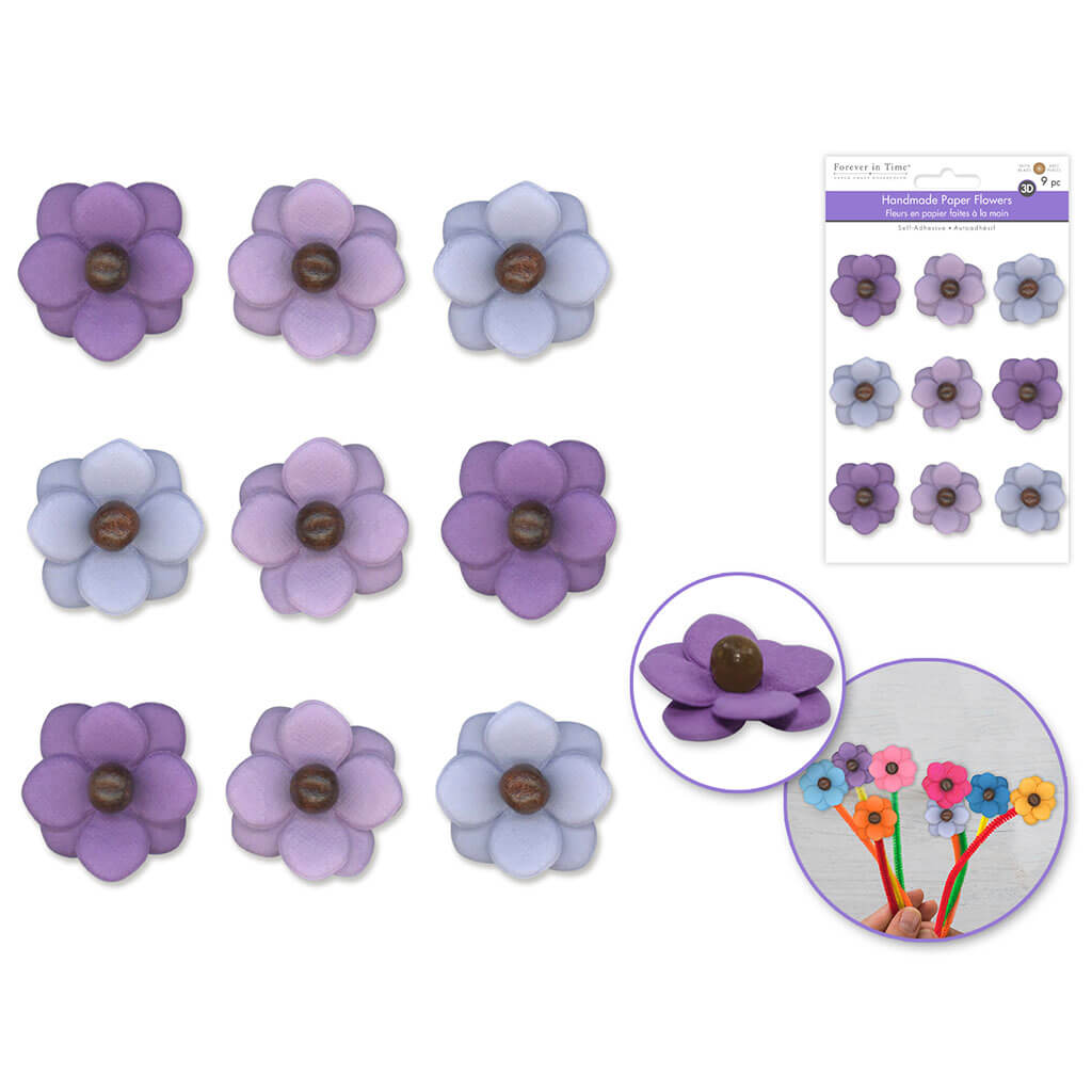 Floral Embellish: 3D Handmade Paper Flowers Self-Stick 9pc with Bead, Purple