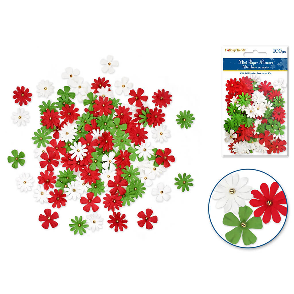 Holiday Trendz: 2cm Mini Paper Flowers x100 with Stamen Red/White/Green