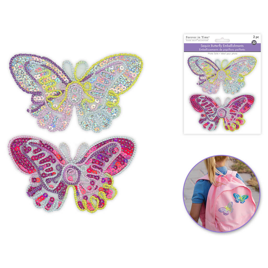 Paper Craft Emb: 5in x 3in Sequin Butterflies 2pc Asst Pastel