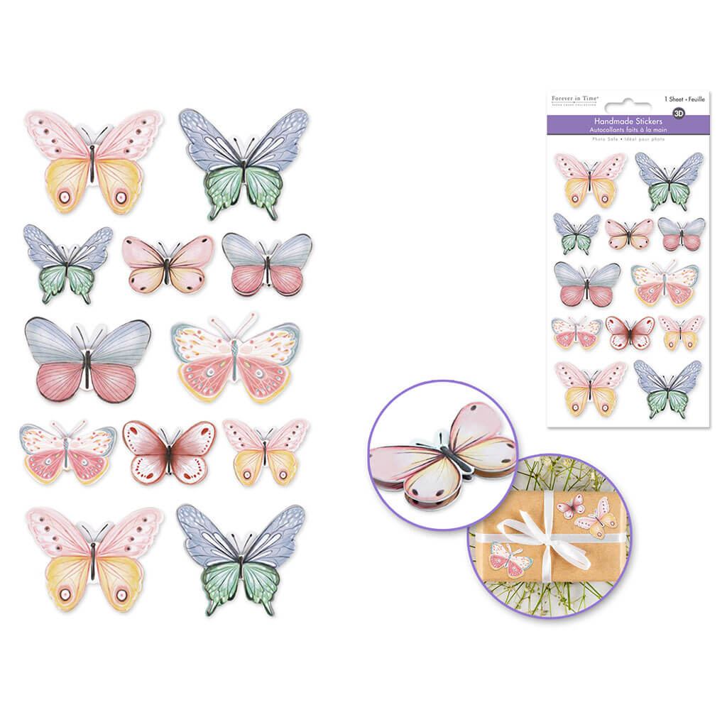 Handmade Sticker: 4.4in x 7.5in 3D Themed Elements, Butterflies Pastel