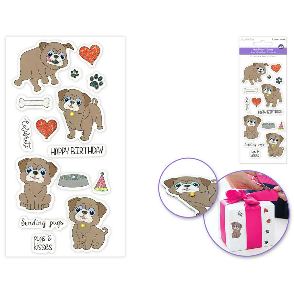 Handmade Sticker: 3D Glitter Cardstock Elements 250gsm, Pugs &amp; Kisses