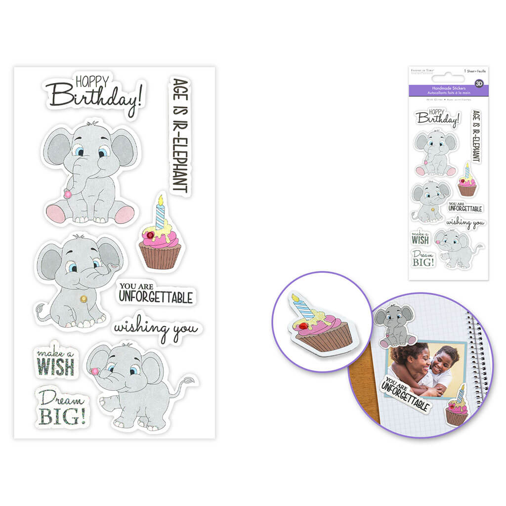 Handmade Sticker: 3D Glitter Cardstock Elements 250gsm, Elephant Bday