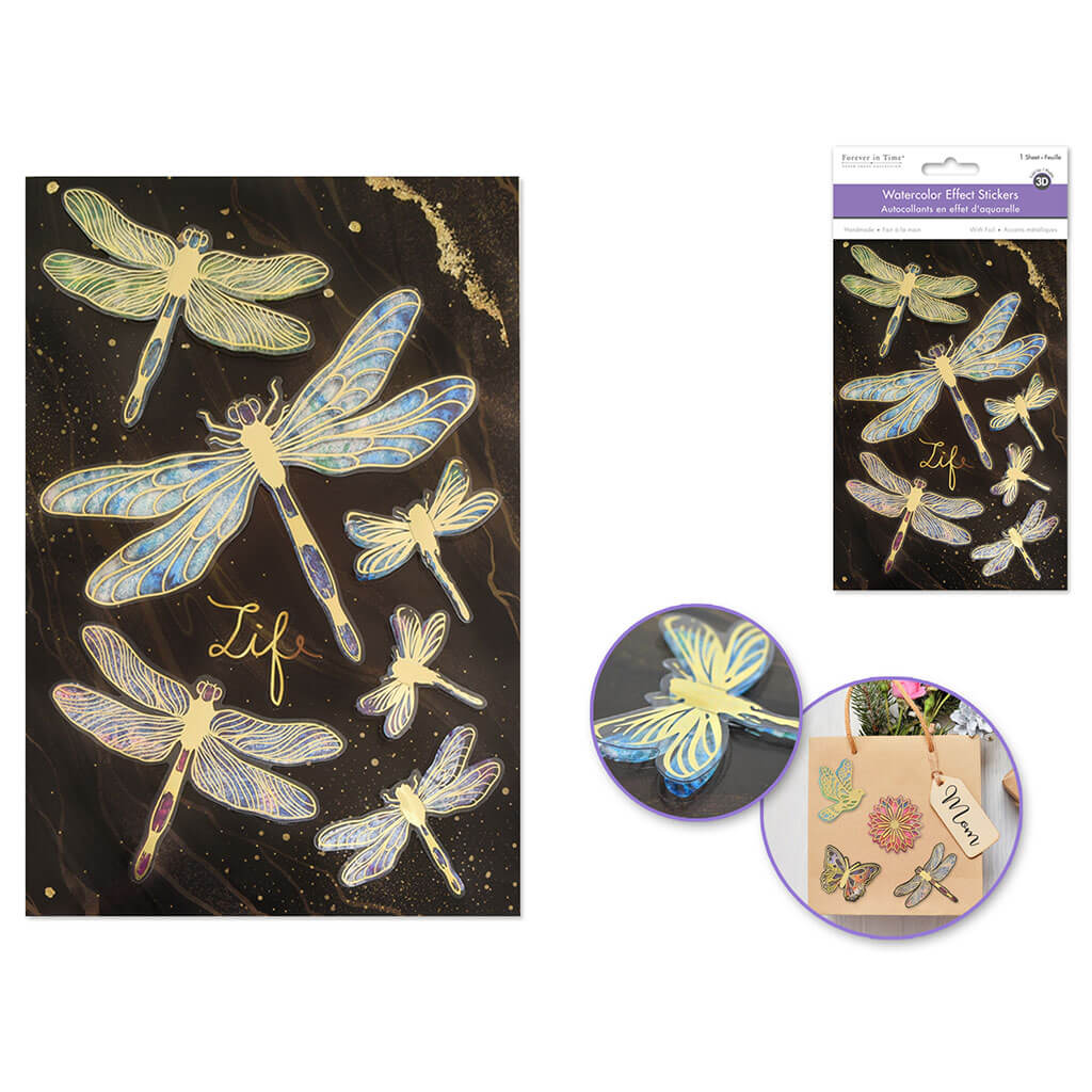 Handmade Sticker: 4.9in x 7.3in 3D Gold Foil Fold-Up, Dragonfly