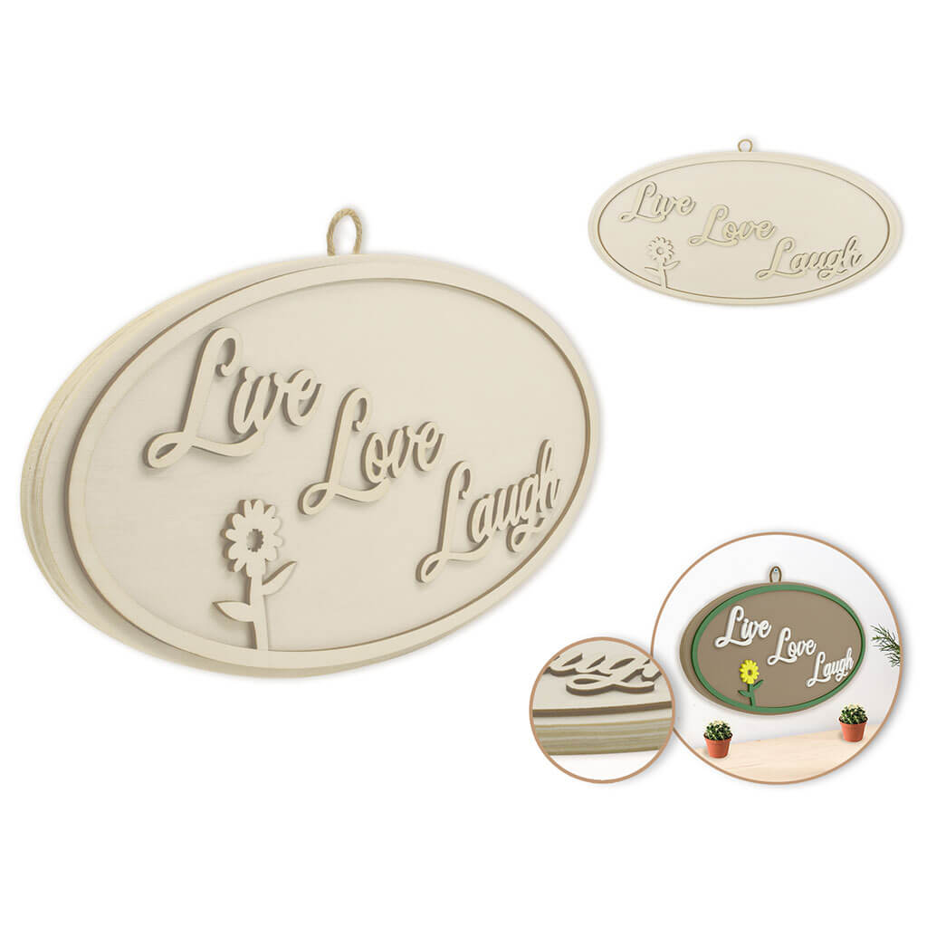 Wood Decor: 12in DIY Oval Wall Sign Plaque 3D with Jute Hanger, Live Love Laugh