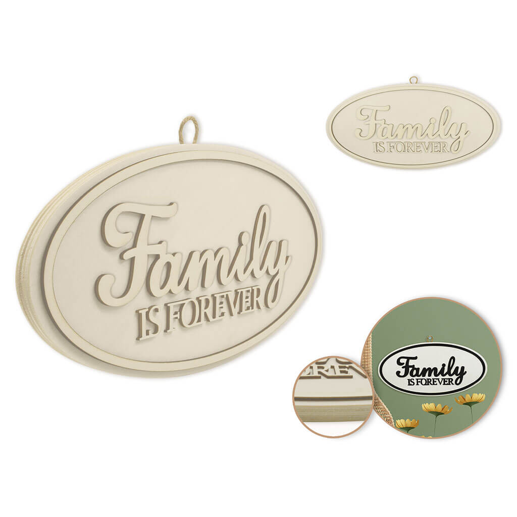 Wood Decor: 12in DIY Oval Wall Sign Plaque 3D with Jute Hanger, Family Forever