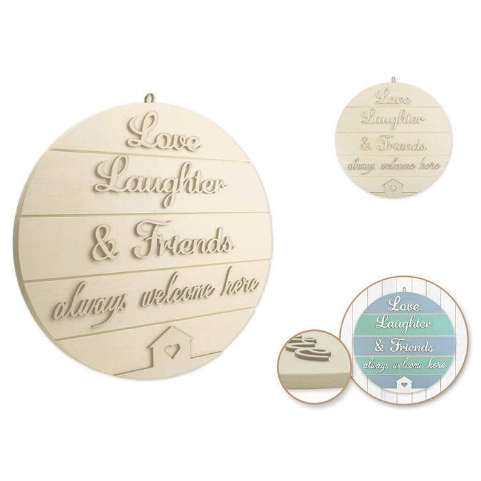 Wood Decor: 14in DIY Round Slat-Wall Sign Plaque 3D with Jute Hanger, Love, Laughter, & Friends