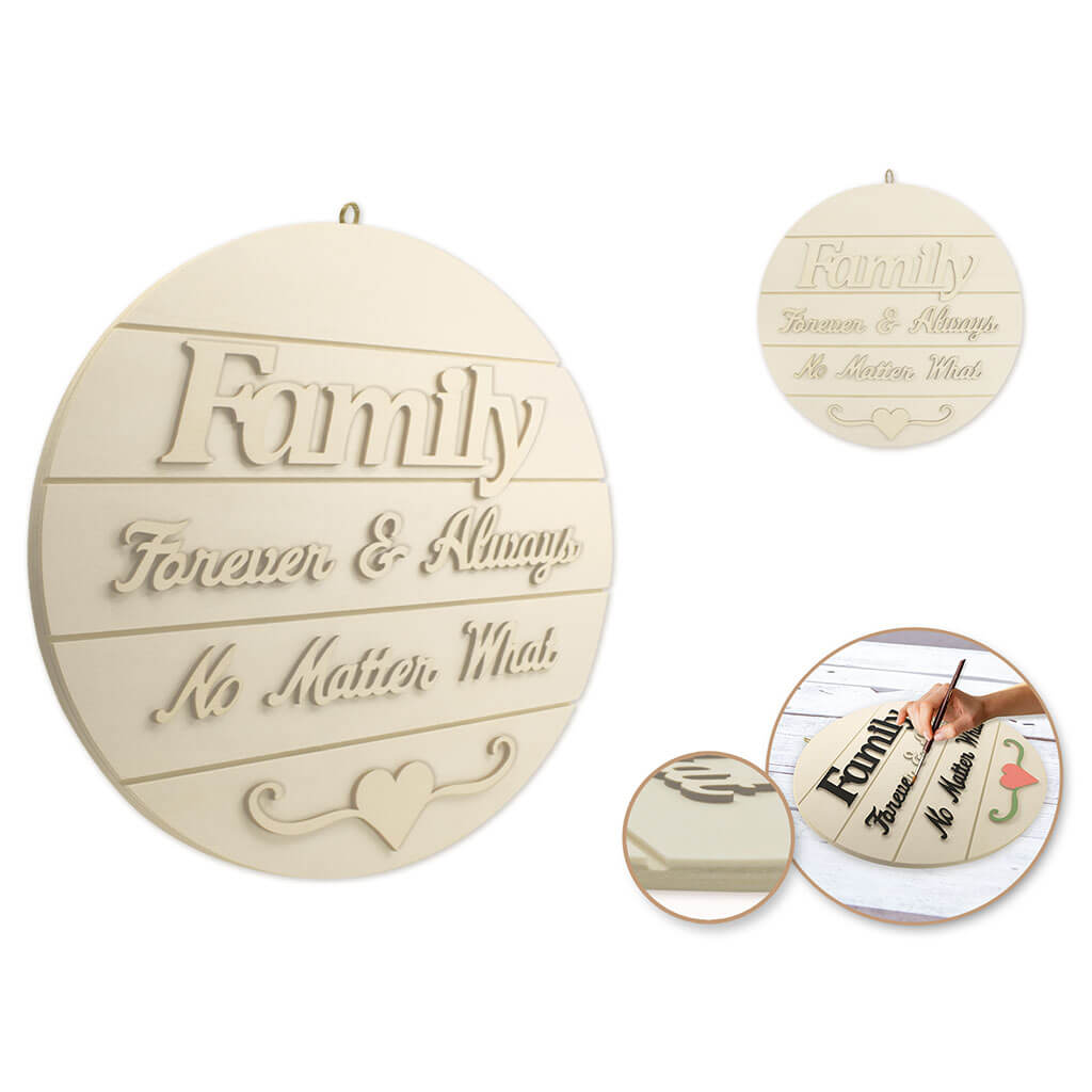 Wood Decor: 14in DIY Round Slat-Wall Sign Plaque 3D with Jute Hanger, Families Are Forever