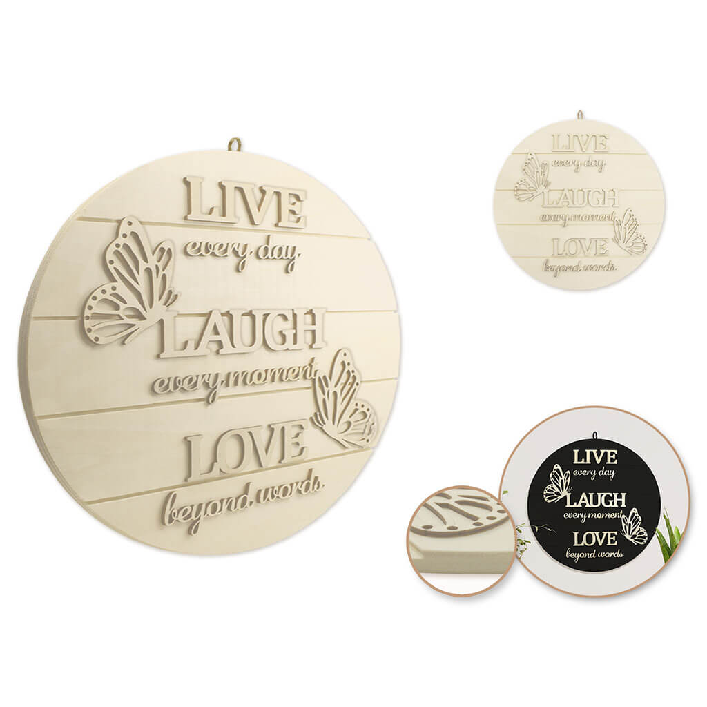 Wood Decor: 14in DIY Round Slat-Wall Sign Plaque 3D with Jute Hanger, Live Every Moment