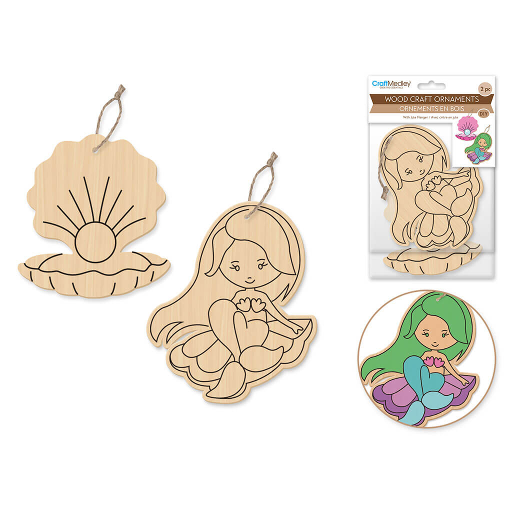 Wood Craft: Wood Ornaments x2 Asst Printed with Jute Cord Hanger, Mermaid