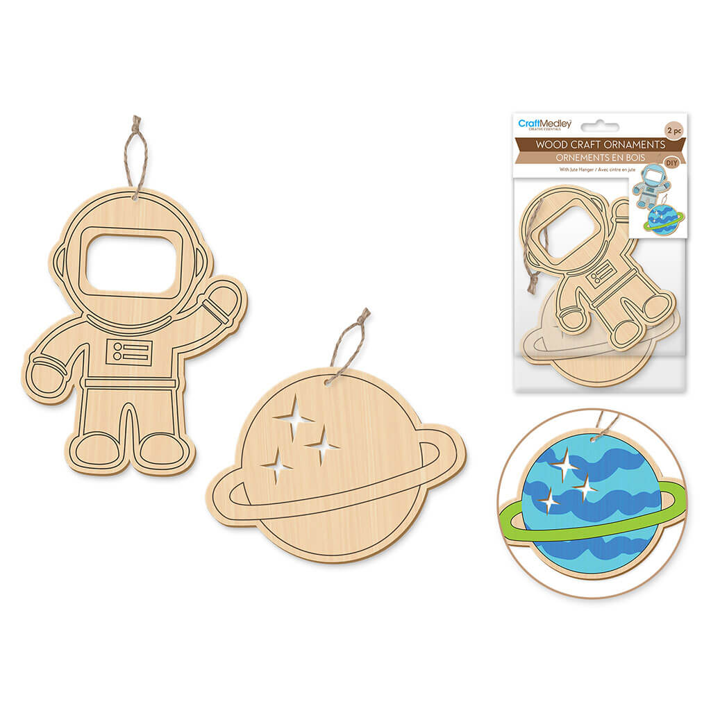 Wood Craft: Wood Ornaments x2 Asst Printed with Jute Cord Hanger, Outer Space