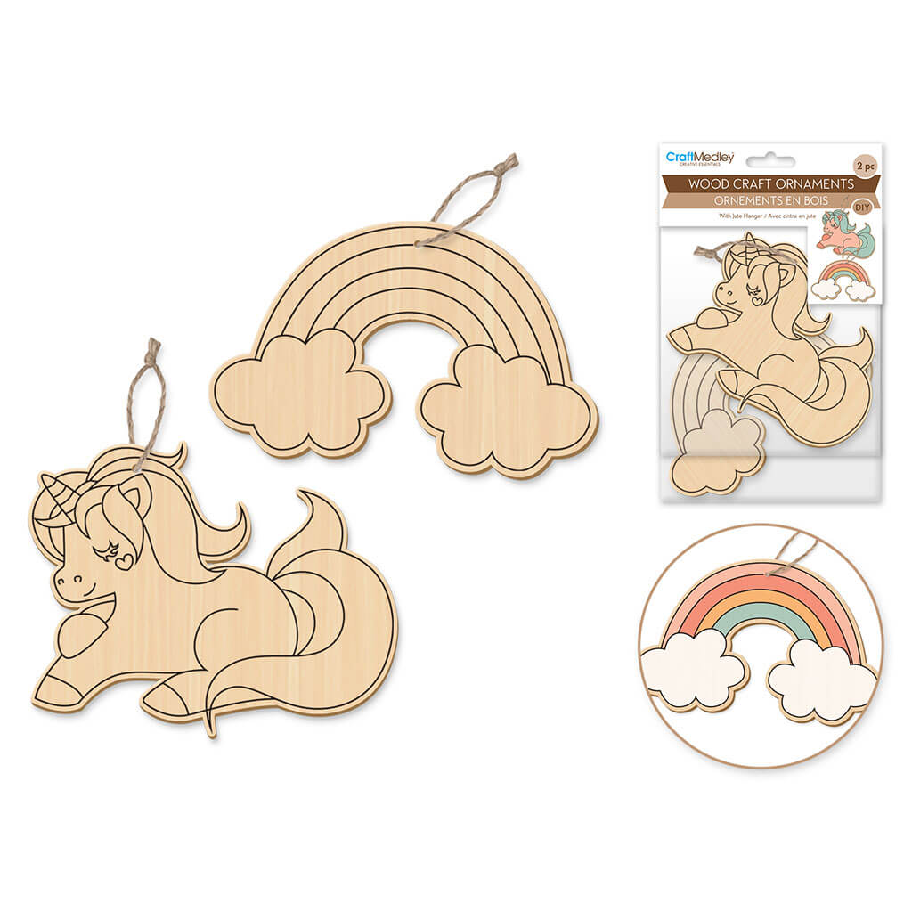 Wood Craft: Wood Ornaments x2 Asst Printed with Jute Cord Hanger, Unicorn