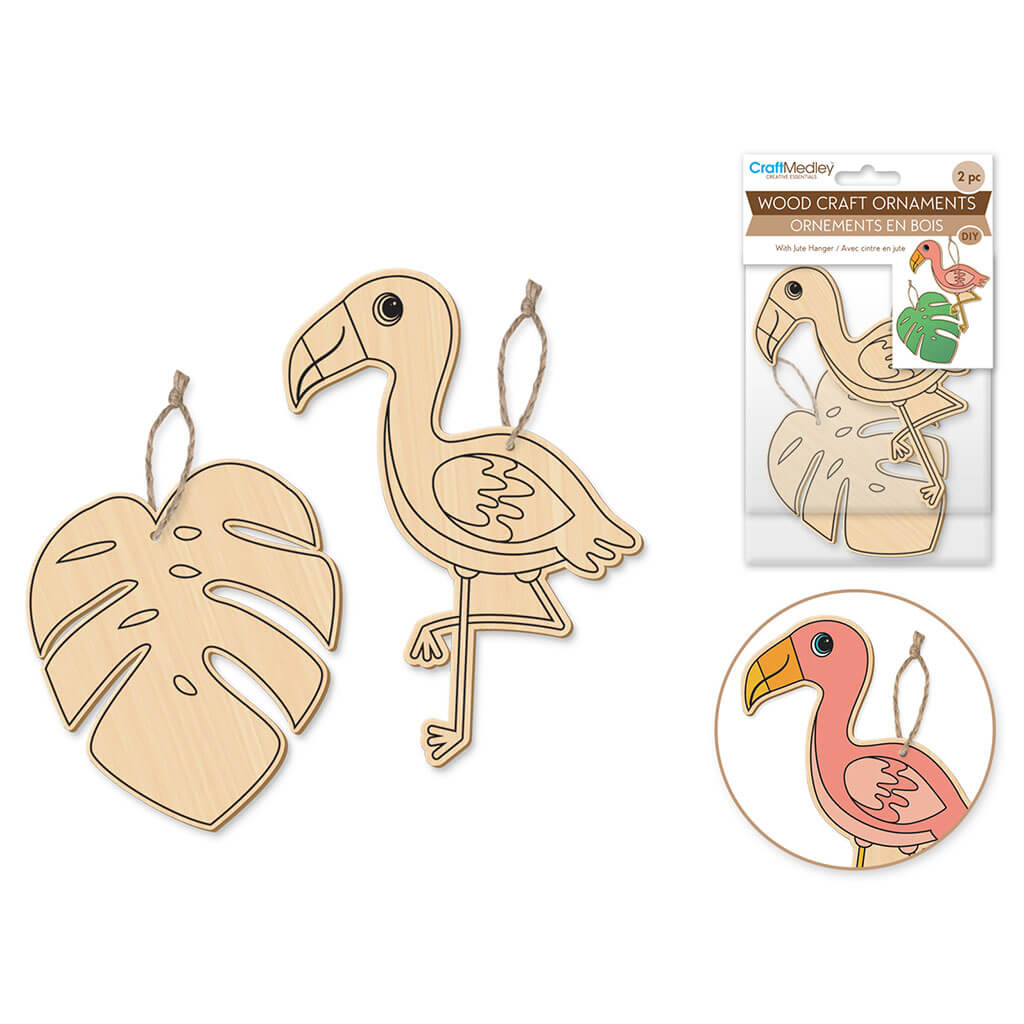 Wood Craft: Wood Ornaments x2 Asst Printed with Jute Cord Hanger, Tropicana