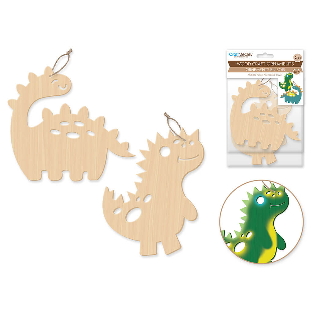 Wood Craft: Wood Ornaments x2 Asst Laser-Punch with Jute Cord Hanger, Dinosaur