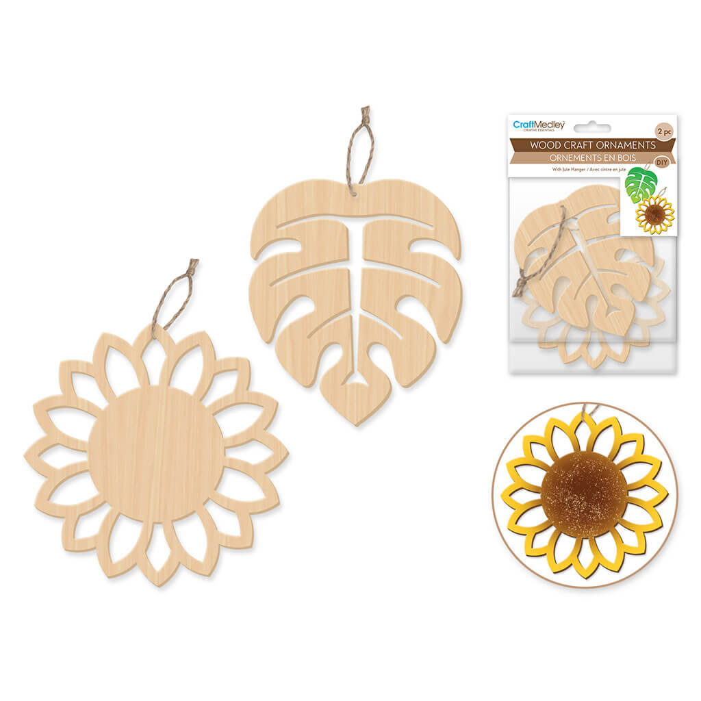 Wood Craft: Wood Ornaments x2 Asst Laser-Punch with Jute Cord Hanger, Floral