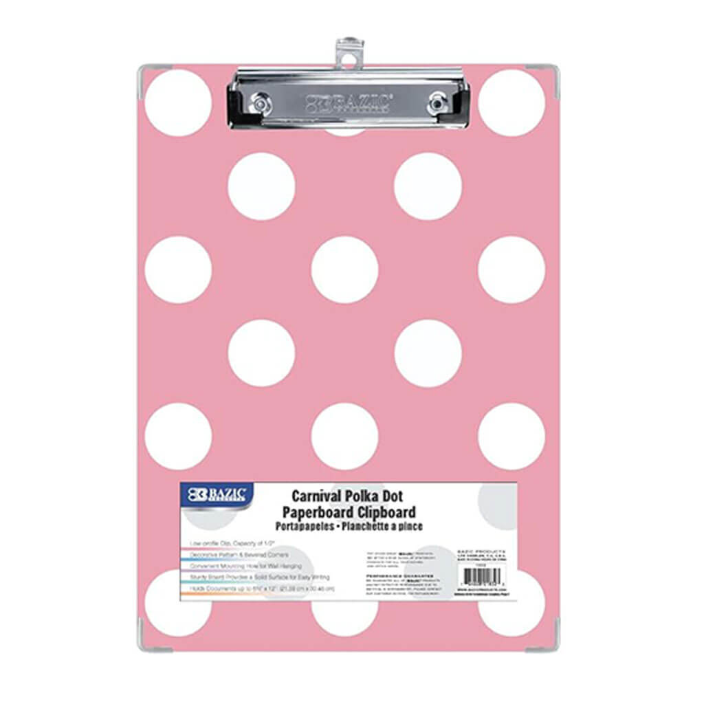 BAZIC Standard Size Carnival Polka Dot Paperboard Clipboard with Low Profile Clip