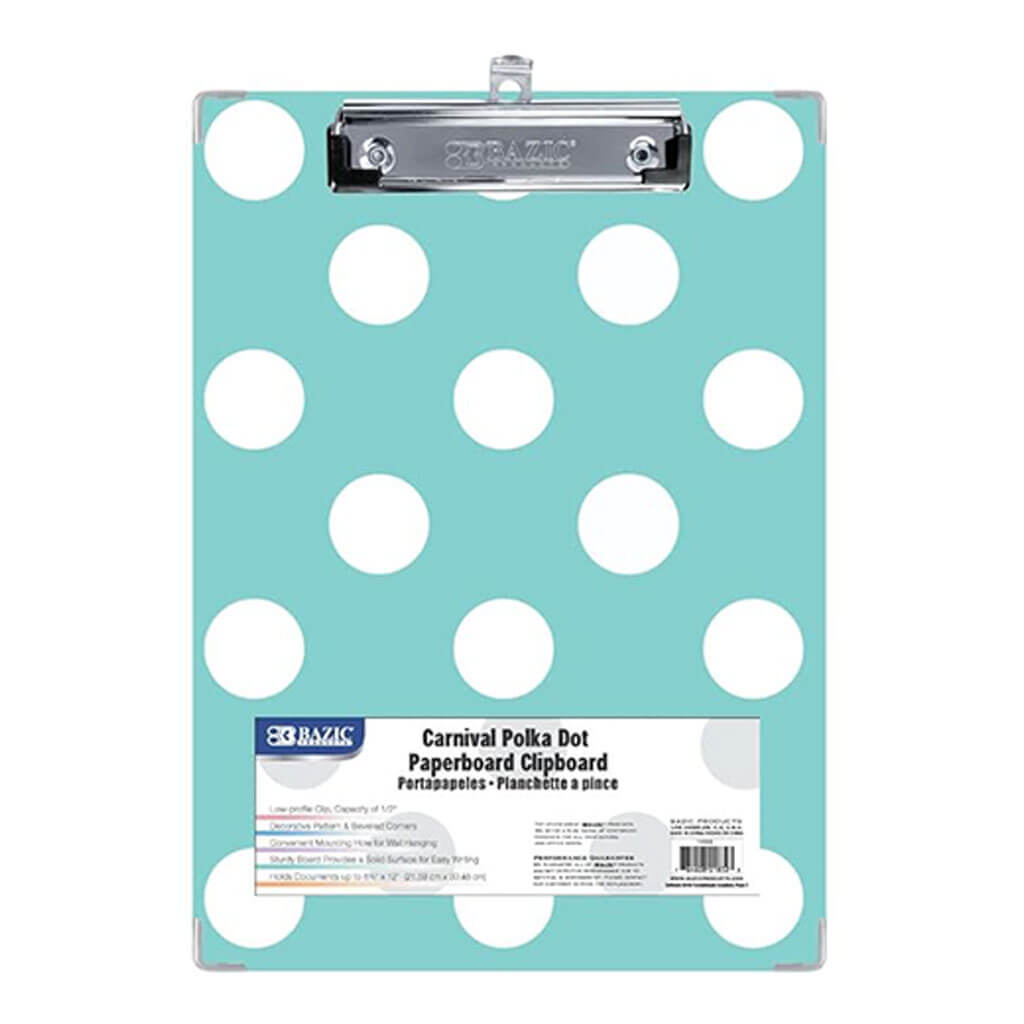 BAZIC Standard Size Carnival Polka Dot Paperboard Clipboard with Low Profile Clip