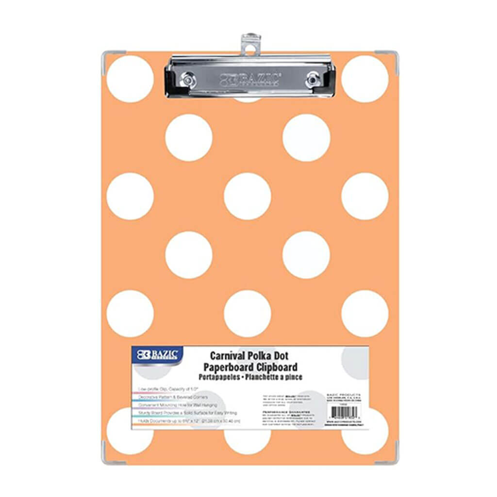 BAZIC Standard Size Carnival Polka Dot Paperboard Clipboard with Low Profile Clip