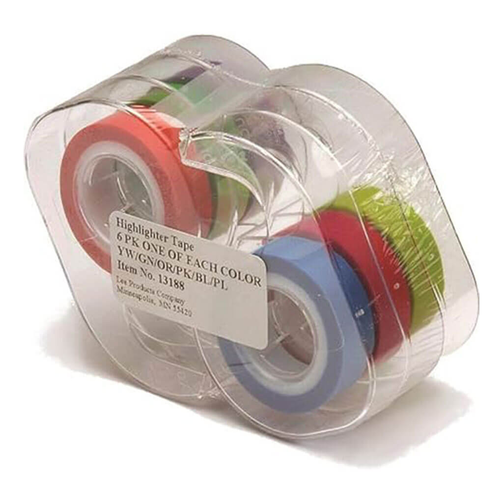 Lee Products Removable Highlighter Tape 0.5in x 393in, 6/Pkg