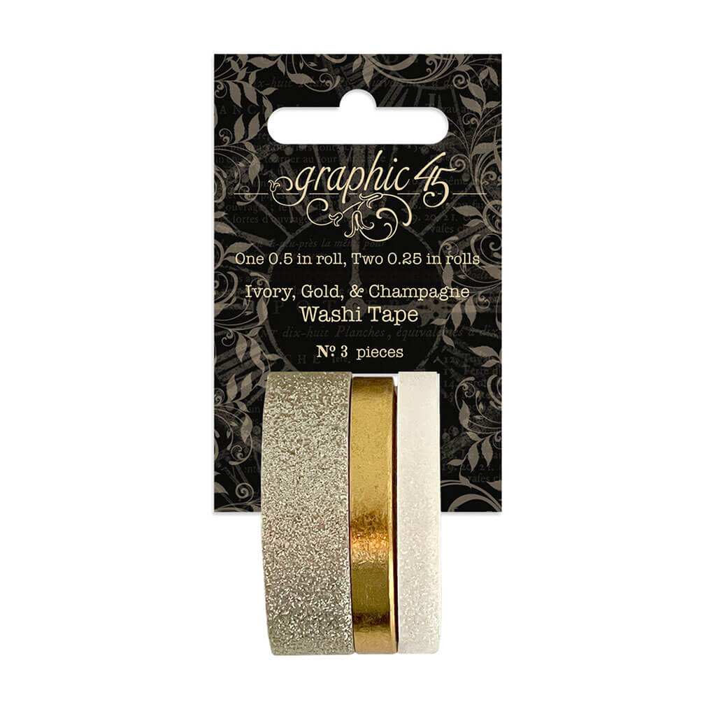 Graphic 45 Staples Glitter &amp; Gloss Washi Tape Set Ivory, Gold &amp; Champagne