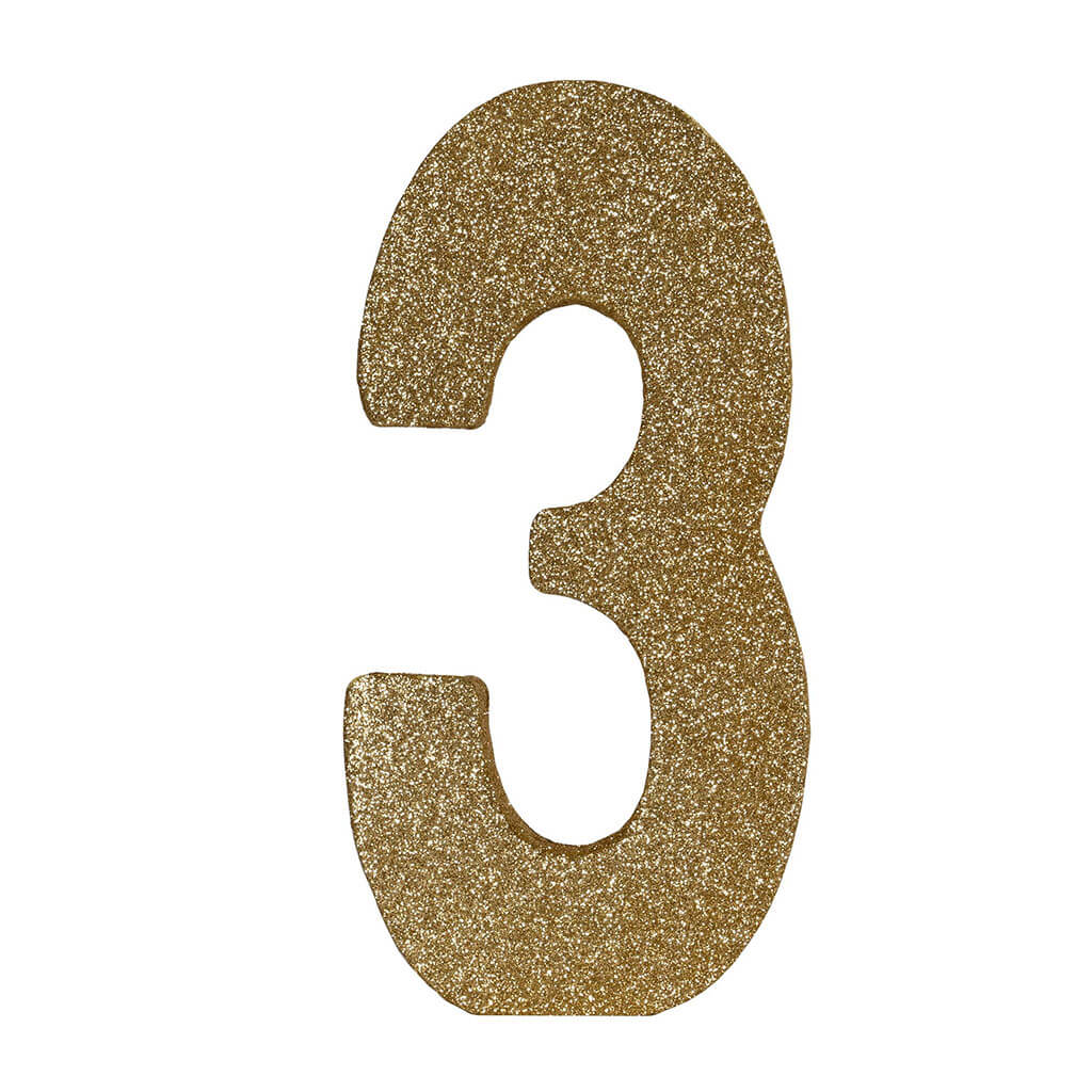 3-D Glittered &quot;3&quot; Centerpiece Gold, 8in x 4in x 1in