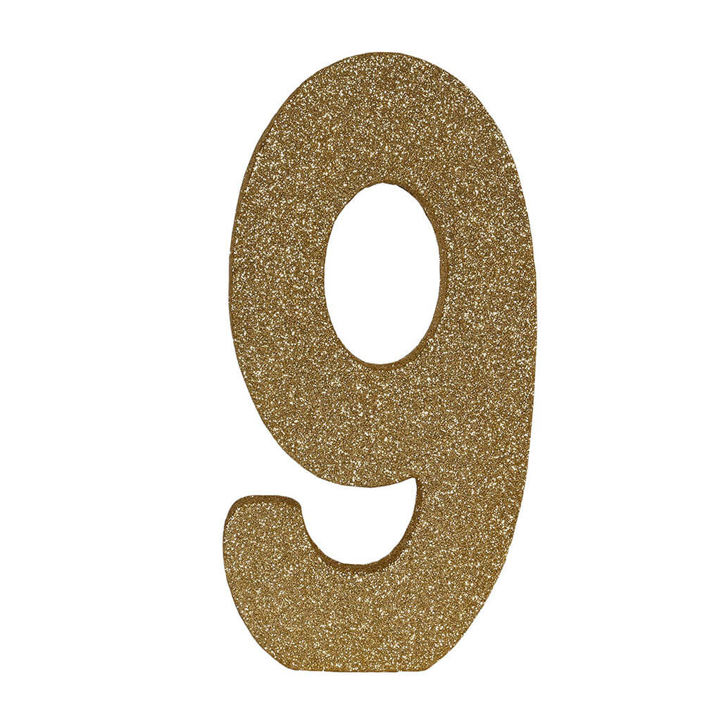 3-D Glittered &quot;9&quot; Centerpiece Gold, 8in x 4in x 1in