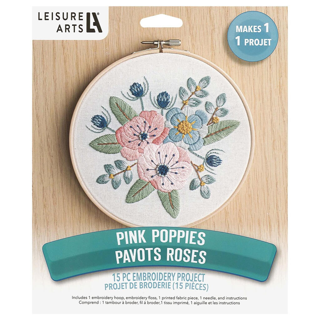 Leisure Arts Embroidery Kit 6in, Pink Poppies