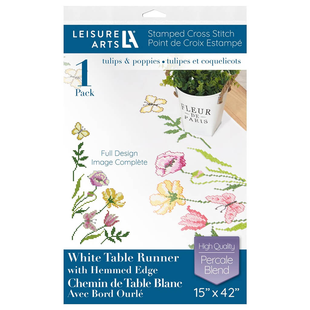 Leisure Arts Table Runner Embroidery Kit 15in x 42in, Tulips &amp; Poppies